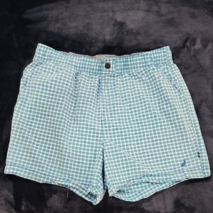 Nautica Blue and White Gingham Swim Trunks